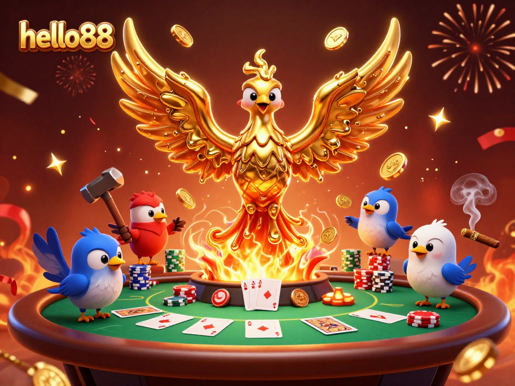 Experience thrilling gameplay with hello88 as golden coins rain down from a molten phoenix.