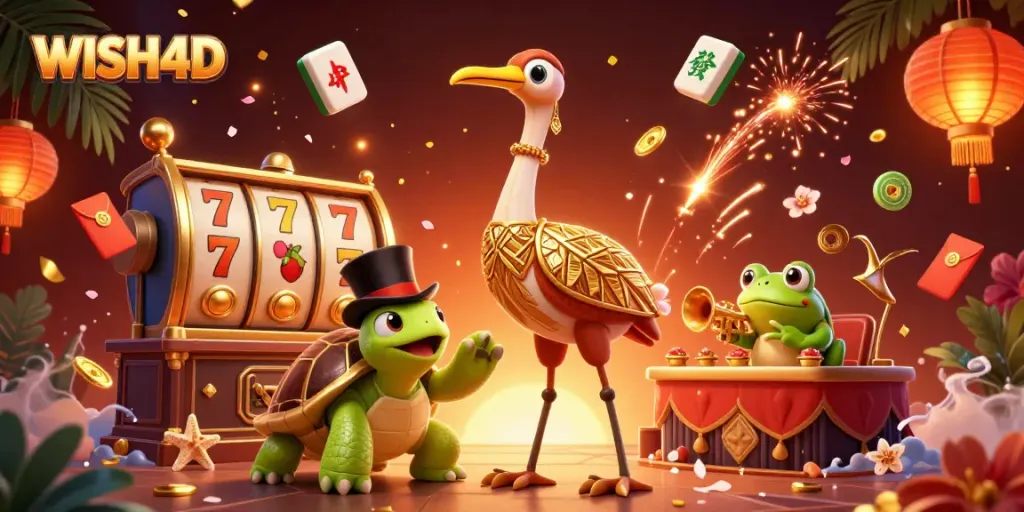Engage in thrilling gameplay with WISH4D at a vibrant casino scene featuring cartoon characters and dynamic slot elements.