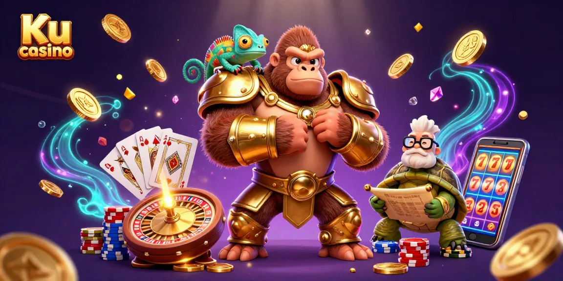 Experience thrilling gameplay at Ku casino with a vibrant 3D illustration of a powerful gorilla king and a wise tortoise.