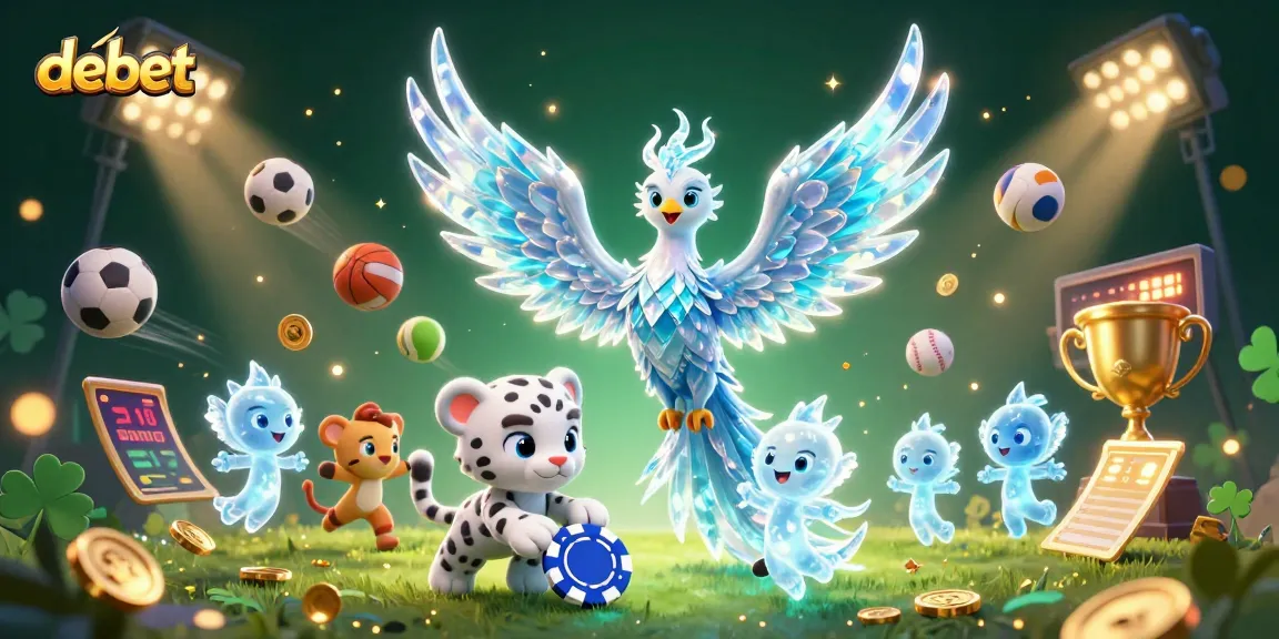 Engage with debet through a dynamic casino scene featuring an ice phoenix, sports elements, and colorful characters.