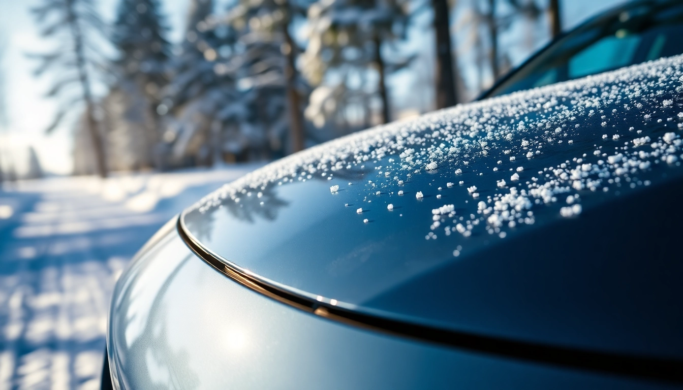 Highlighting PPF winter road salt protection on a vehicle against a snowy backdrop, showcasing durability.