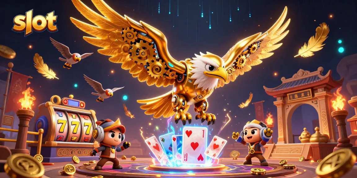 Experience thrilling slot adventures with a dynamic eagle flying amidst holographic cards and gaming elements.