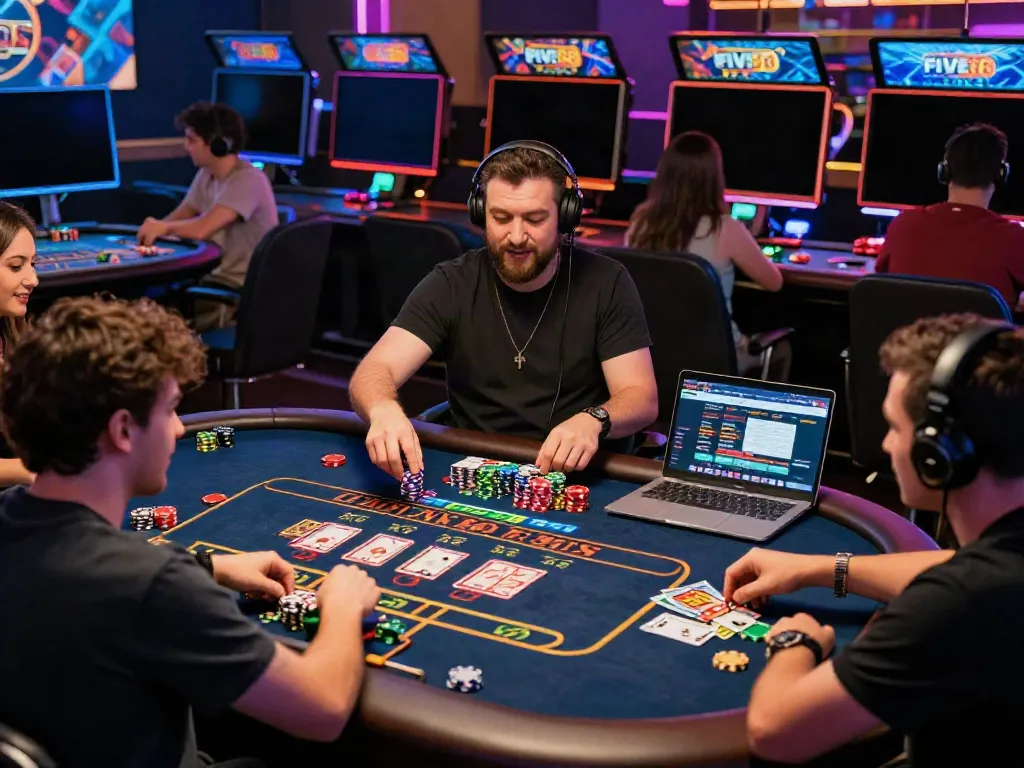 Engaging online gaming atmosphere at https://five88bet.org/ showcasing lively players and an interactive dealer.