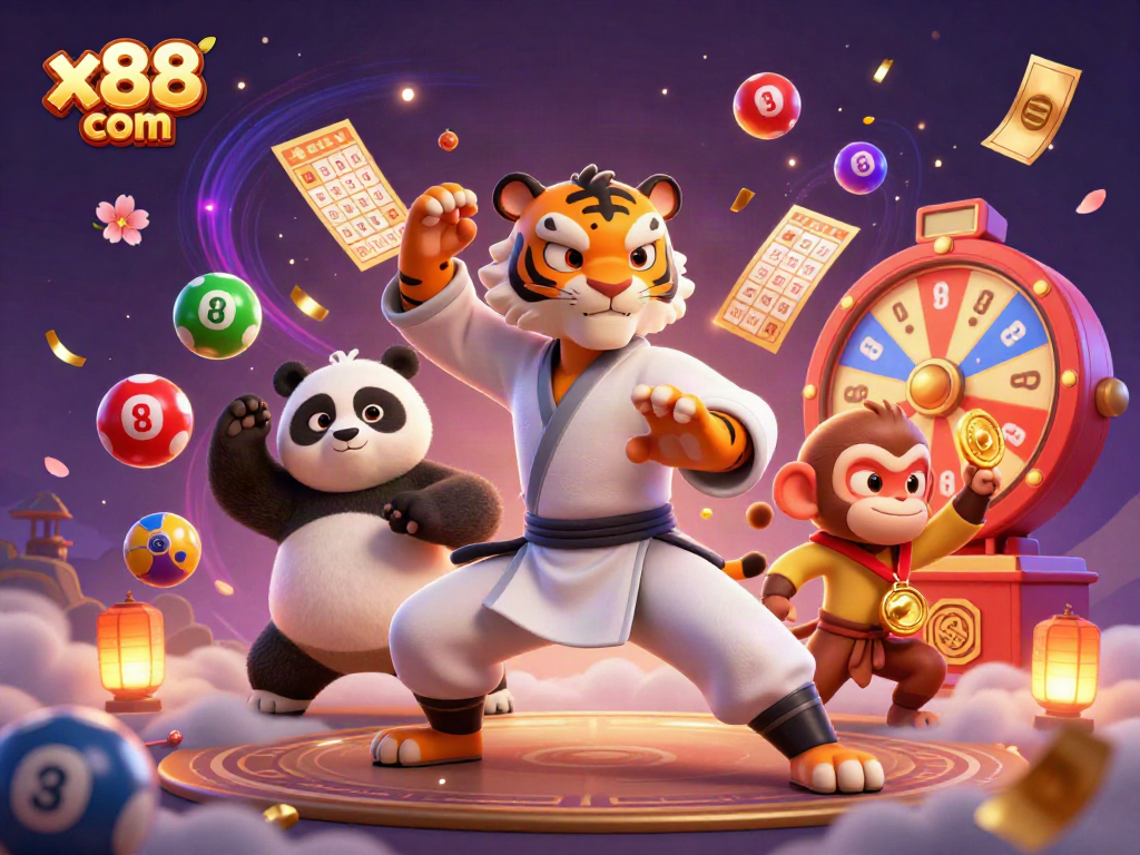 Engage with x88 com and join the action of playful characters in a vibrant casino scene.