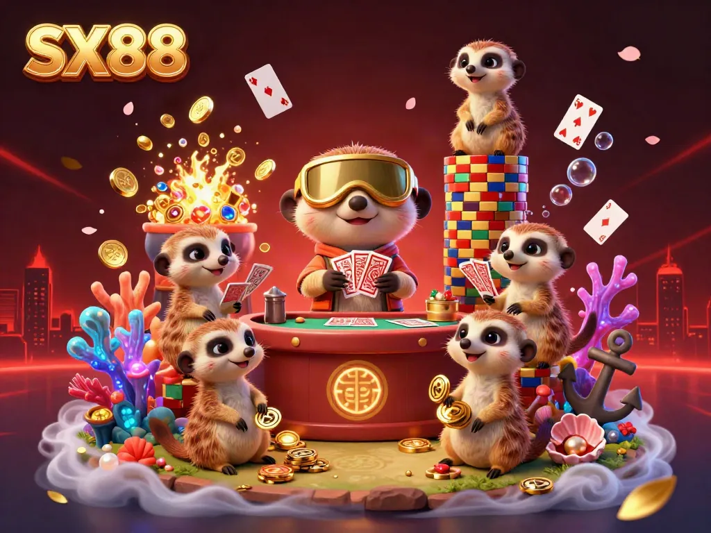 SX88 meerkat casino with animated characters and vibrant gaming elements showcasing fun gambling action.