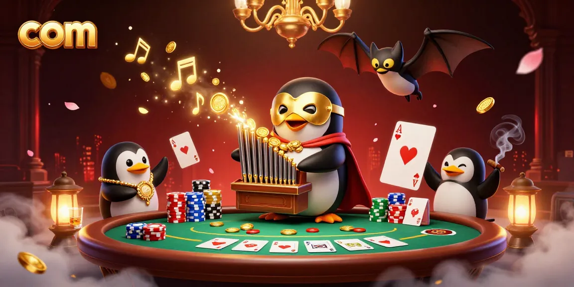 Experience the thrill of com with a captivating casino-themed illustration featuring a penguin playing organ.