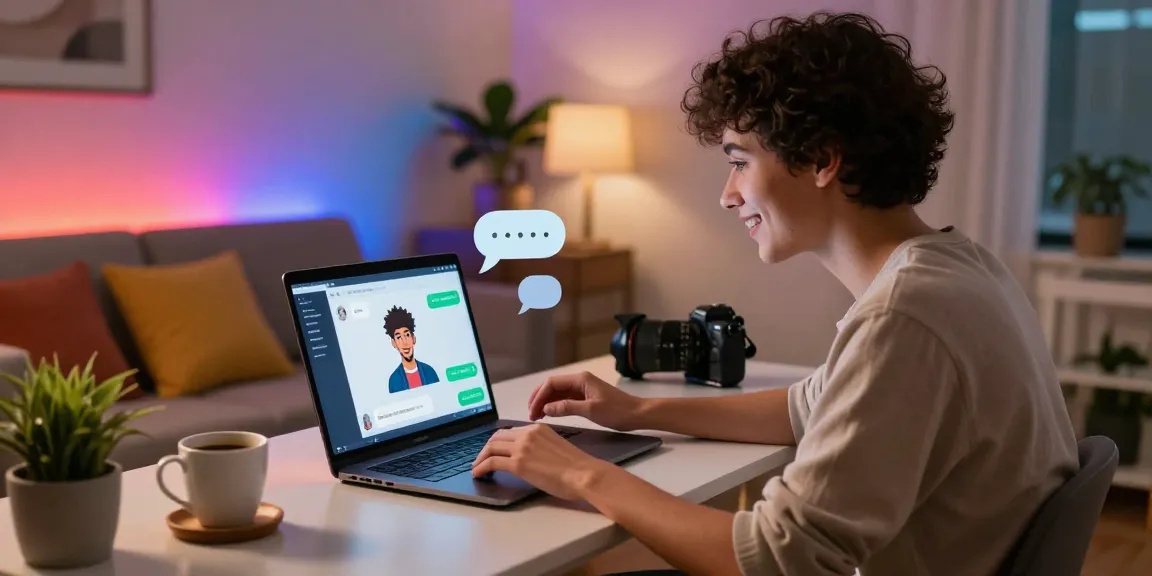 Interactive character ai nsfw chat experience in a cozy urban workspace, showcasing a user engaging with AI characters.
