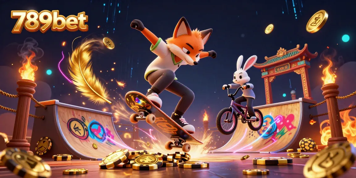 Experience the thrilling action of 789bet with a skateboarder fox and BMX rabbit in a vibrant casino scene.