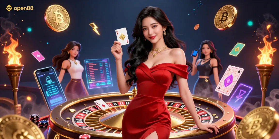 Experience the thrill of open88 with a beautiful woman holding a winning playing card near a golden roulette wheel.