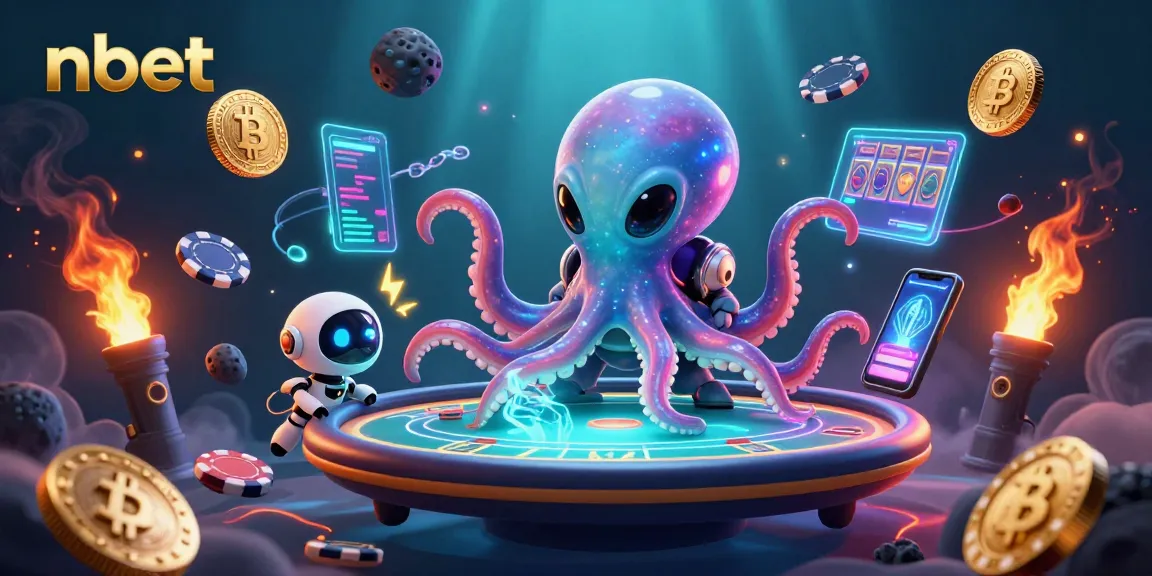 Experience Nbet's vibrant casino scene with alien characters and glowing crypto elements.