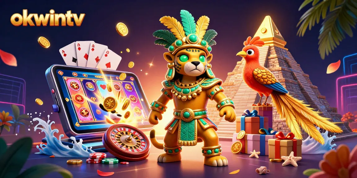Engage in thrilling gameplay with okwintv's vibrant 3D casino scene featuring a Mayan jaguar priest and dynamic game elements.