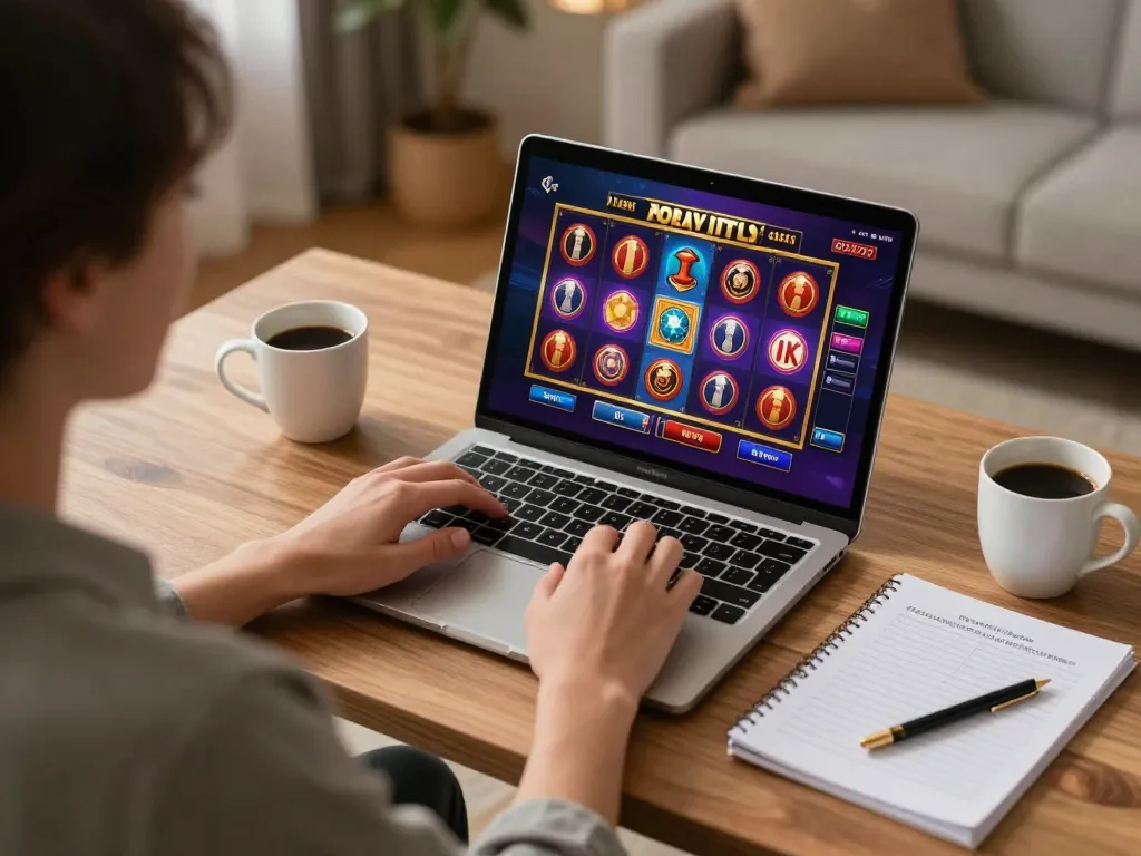 Person playing slot games on tr88s platform at home, cozy and engaging gaming atmosphere.