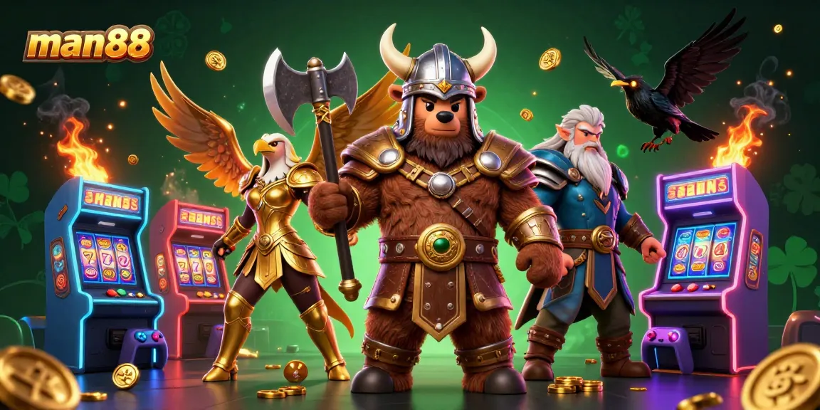 Experience the thrill of man88 with a vibrant 3D Viking and Valkyrie scene in a bustling casino