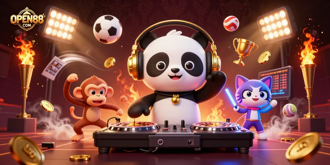 Experience the excitement at OPEN88 COM as 3D characters spin and dance amidst vibrant sports elements and animated casino games.