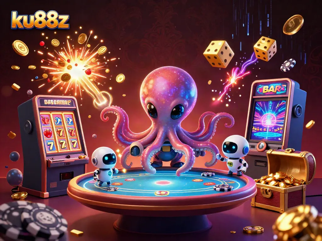 Engage in exciting gameplay with ku88z as a vibrant alien octopus and its companion at a holographic poker table.