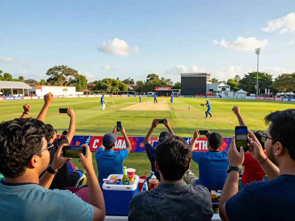Crickex app download scene with excited cricket fans using mobile devices to place bets and watch live matches outdoors.