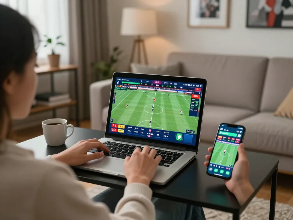 Placing bets live on sports events using online betting platforms with tỷ lệ nhà cái displayed on screen