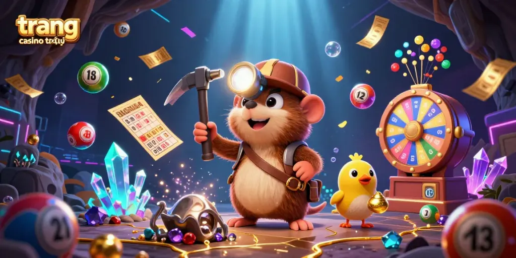 Khám phá trang casino trực tuyến với cảnh 3D sinh động của chú chuột thợ săn kho báu đang khai thác vàng.