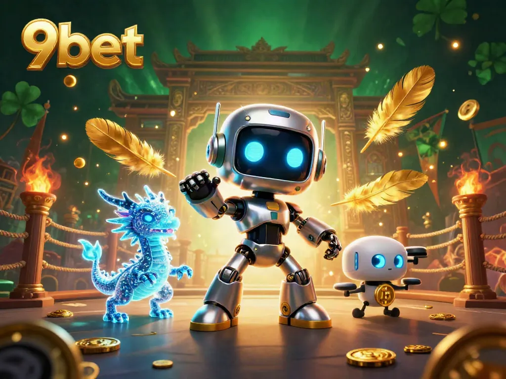 Engage in the thrilling world of 9bet with vibrant casino elements and futuristic characters.
