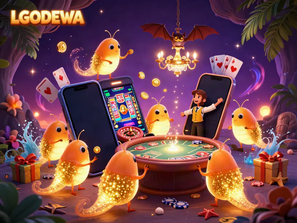 Experience vibrant casino play with LGODEWA as glowing glowworms illuminate a lively cave atmosphere.