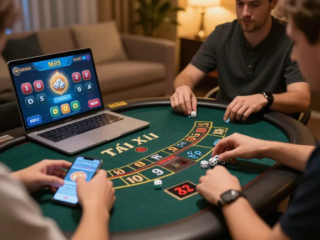 Tài Xỉu MD5 players placing bets online, showing excitement and strategy in a modern gaming setup