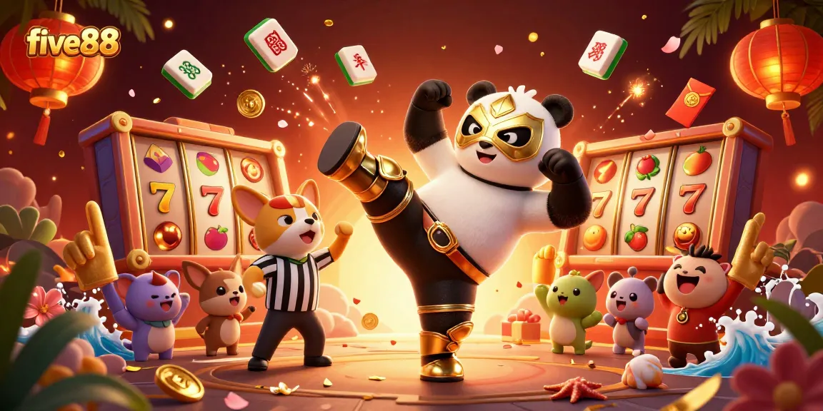 Experience the excitement of five88 slots with a lively panda wrestler and a cheering crowd.
