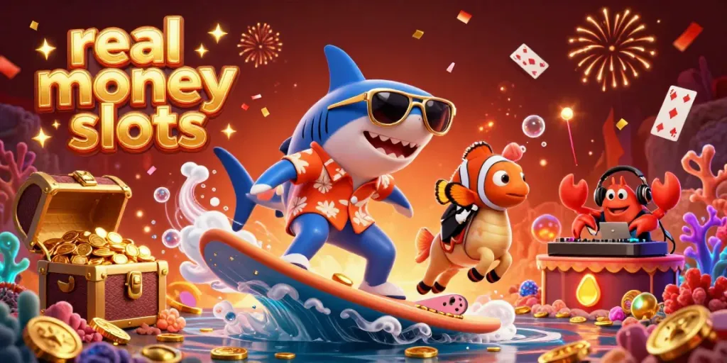 Experience the thrill of real money slots with cartoon characters surfing on gold coins and a vibrant underwater scene.
