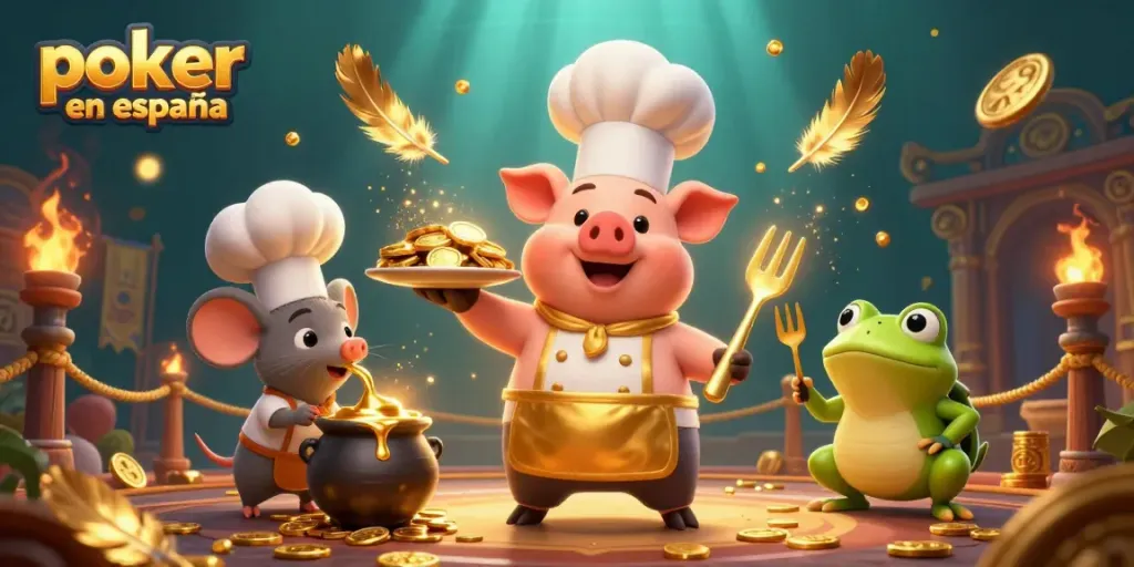 Disfruta del póker online en España con un chef cerdo sirviendo monedas doradas.