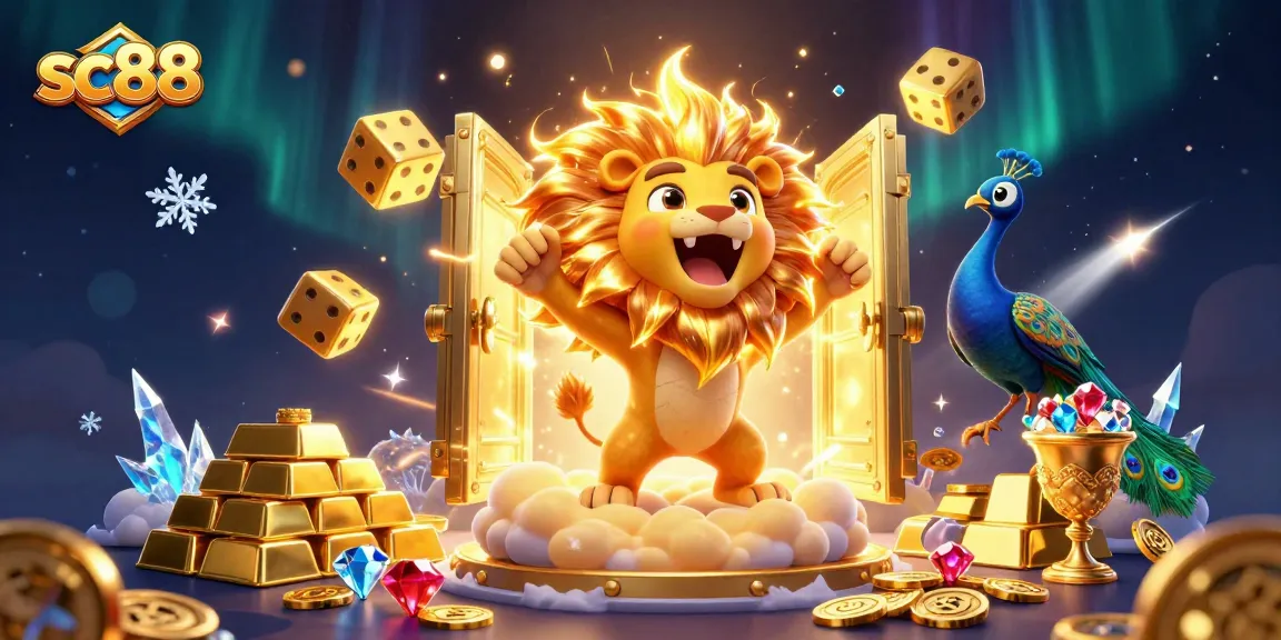 Play exciting games at SC88, featuring a victorious sun lion amidst treasures in a vibrant casino scene.