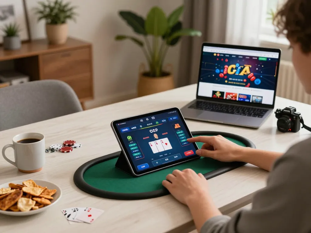 MAX88 online poker setup showing player engaging on tablet with drinks and snacks in modern home.