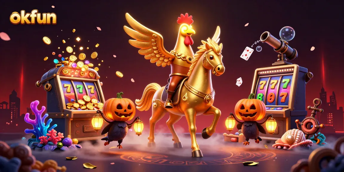okfun showcases a vibrant casino scene with a golden rooster, slot reels, and dynamic gaming elements.