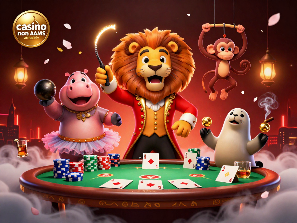 Gioco al tavolo da poker con "casino non AAMS affidabile" e personaggi fantastici in scena.