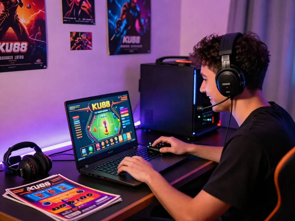 Engaged player enjoying the KU88 online gaming experience in a cozy setup.
