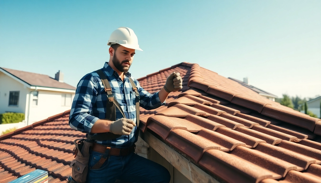 Roofing company professional inspecting a residential roof installation.