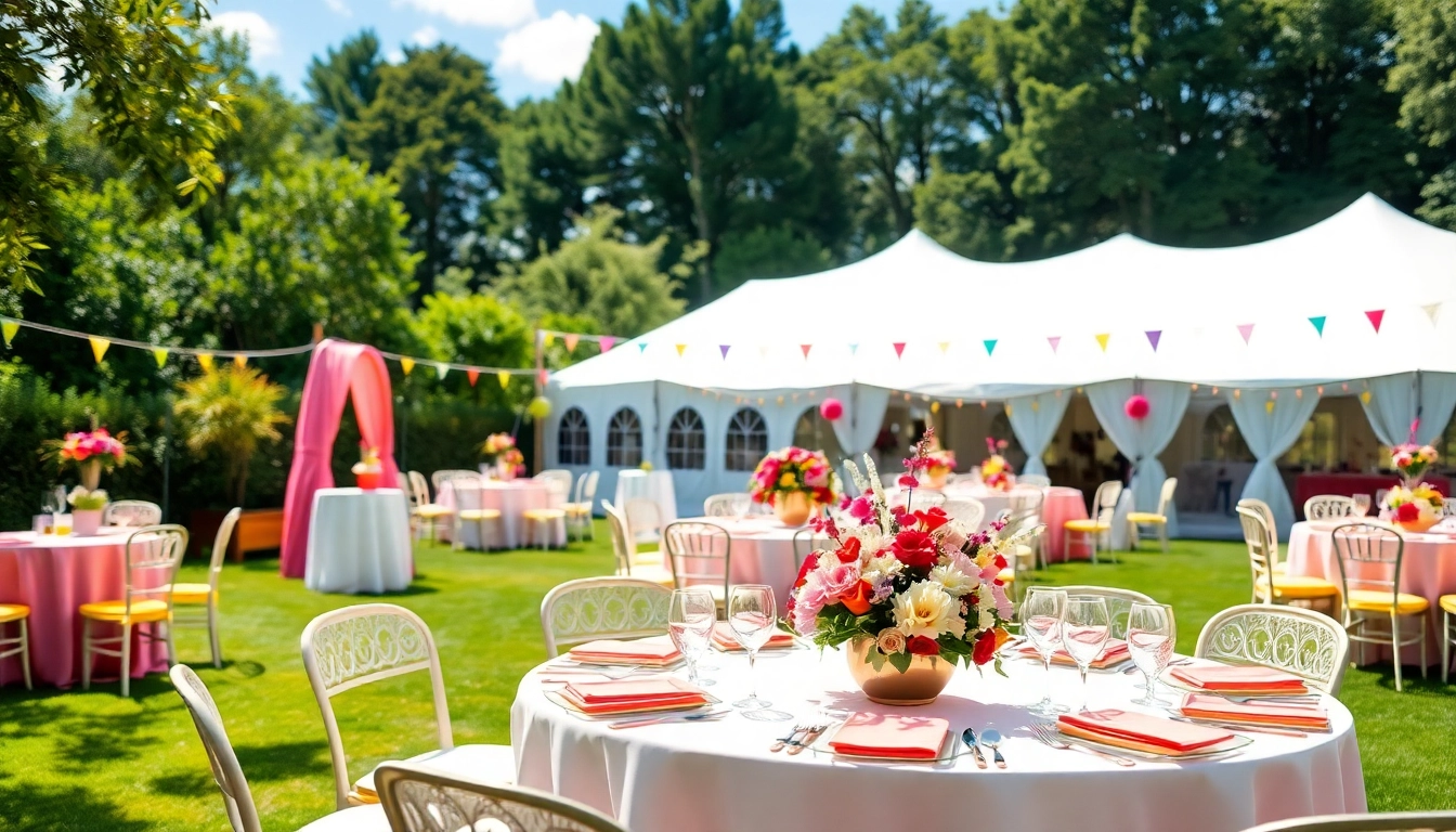Outdoor Party Rentals displayed at a vibrant garden party, showcasing tents and elegant decorations.