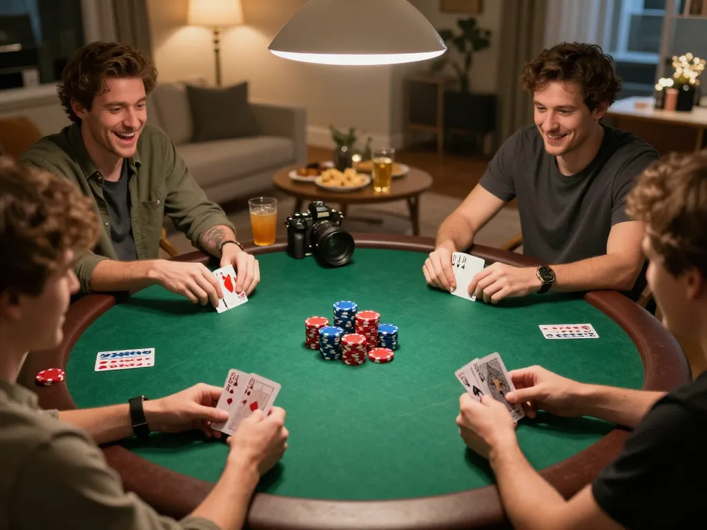 77WIN players enjoying a lively home poker game with vibrant chips and competitive atmosphere