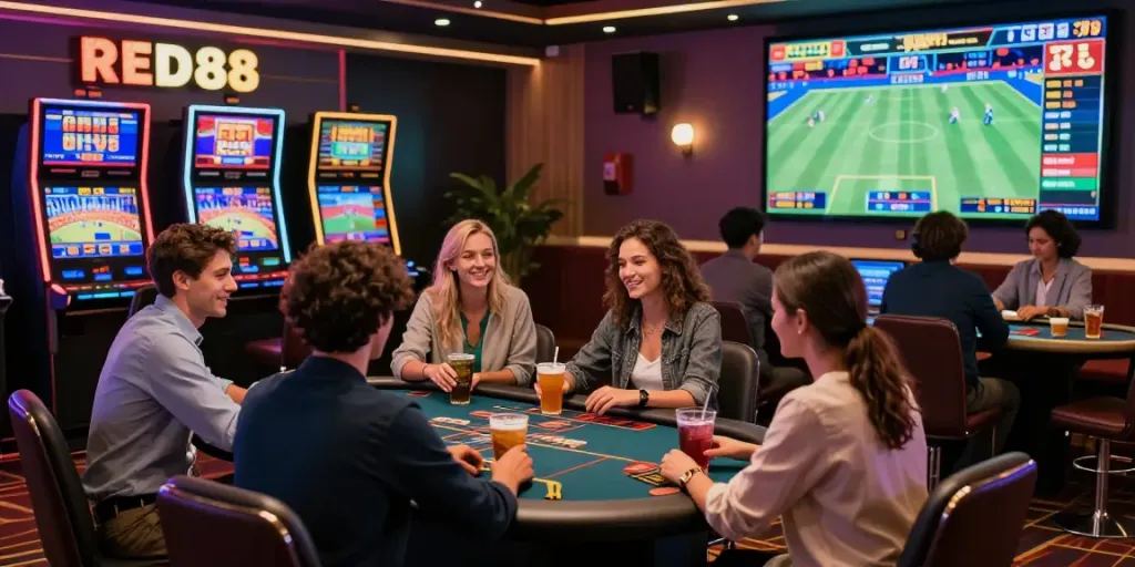 Engaged players at RED88 enjoy diverse gaming experiences online, highlighting live casino and sports betting.