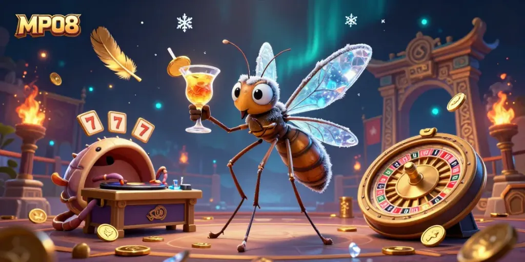 MPO08 casino scene showcasing a frozen mosquito mascot with a golden cocktail, vibrant slot reels, and rich dynamic elements.