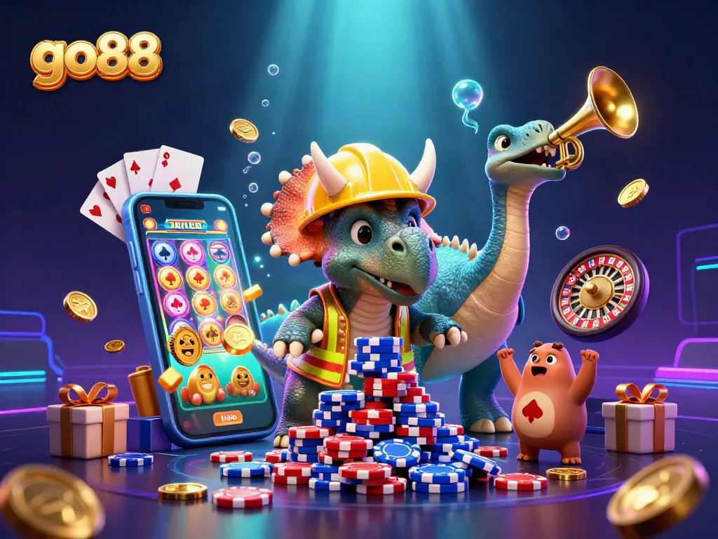 Celebrate wins with go88 in this vibrant 3D casino scene featuring dynamic gaming elements.