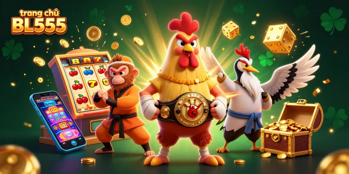 Experience excitement at trang chủ BL555 with cartoon characters amidst slot machines and casino elements.
