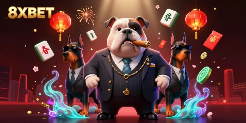 Engage in thrilling gaming action with 8XBET's vibrant casino scene featuring animated characters and dynamic elements.
