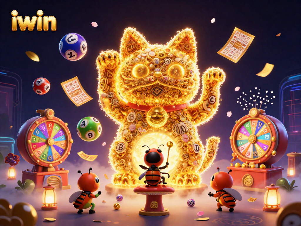 Engage with iwin's magical lucky cat amidst whimsical lottery elements and vibrant casino excitement