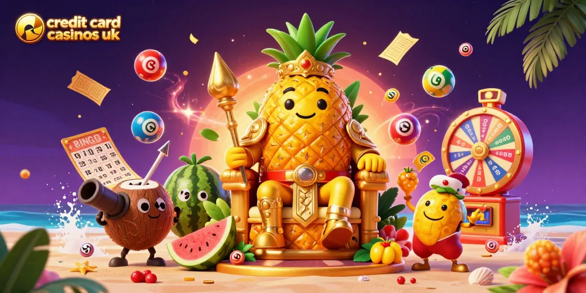Engage with vibrant offerings at credit card casinos uk featuring a golden pineapple king and lively characters.