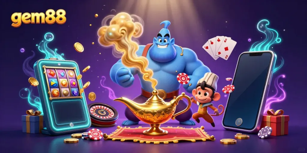 Experience gem88 action with a giant blue genie and a monkey among vibrant gambling elements.