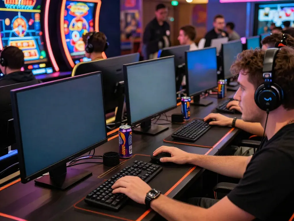 Engaged male player at Manclub's vibrant online casino with dynamic gaming visuals.