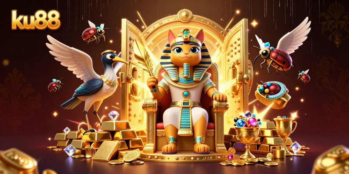 ku88 showcases a vibrant 3D casino scene with a pharaoh cat and treasures bursting with excitement.