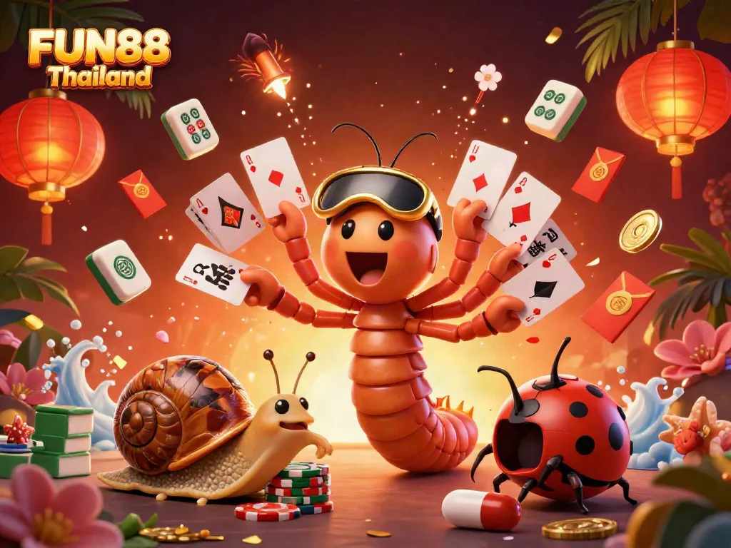 Engage in thrilling fun at FUN88 Thailand with a lively 3D casino scene featuring charming characters.