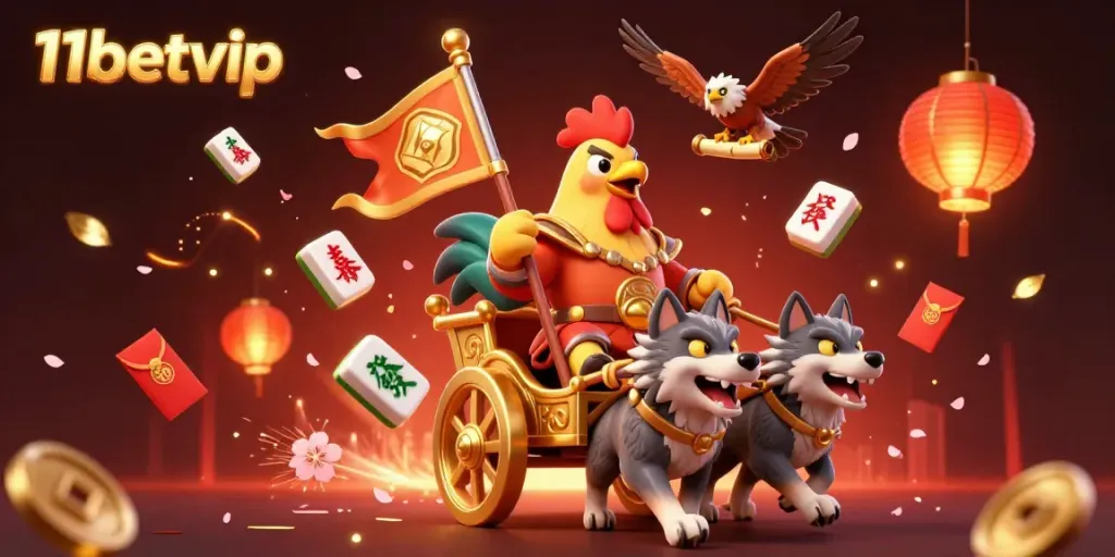 Experience exciting gameplay with 11betvip through a captivating illustration of a rooster warlord in an elaborate casino setting.
