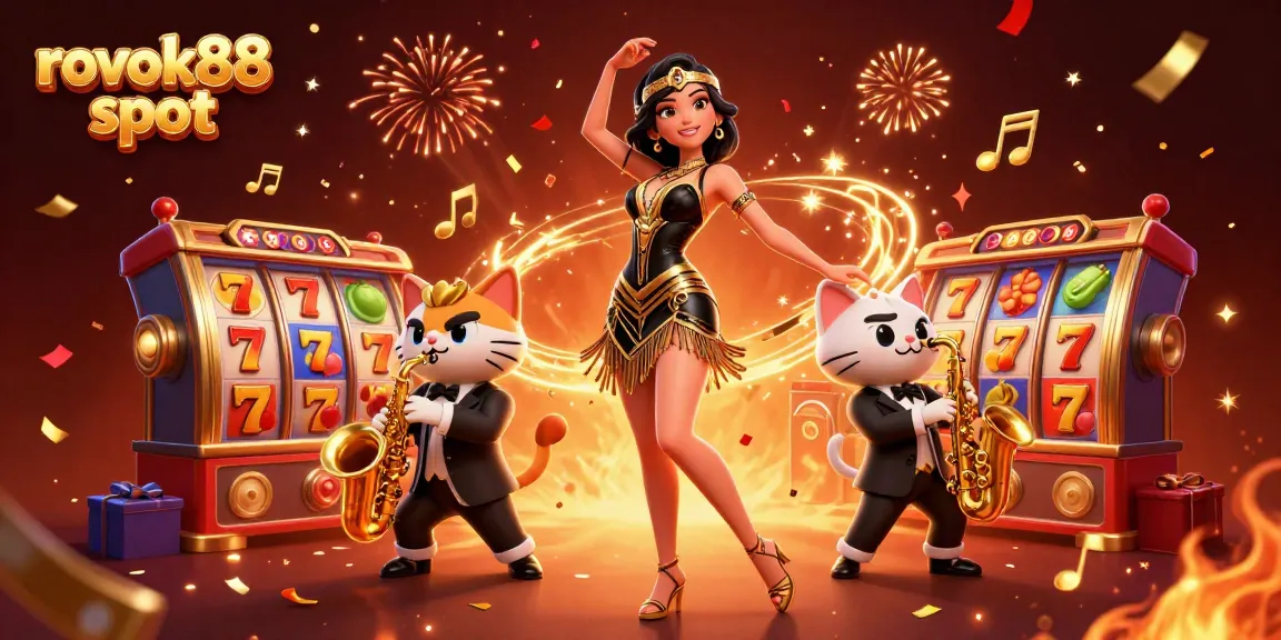 Experience thrilling gameplay with rokok88 slot, featuring vibrant characters and dynamic slot reels in celebration.