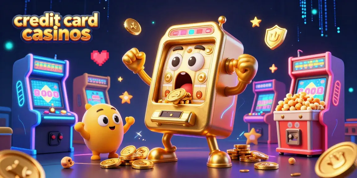 Exciting 3D illustration depicting credit card casinos with a vibrant golden slot machine celebrating a jackpot.